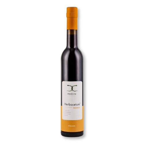 Eine Flasche Herbacetum Ingwer Vitalessig neben einer frischen Ingwerwurzel auf einem hellen Untergrund.