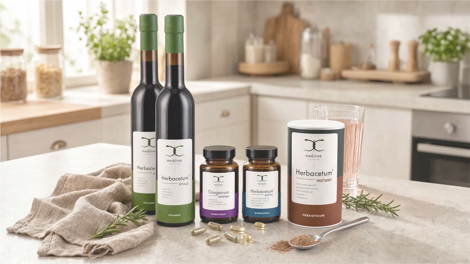 Mediline Mikrobiom-Vitalkur, abgestimmtes Set aus Herbacetum und Oreganum Vitalprodukten
